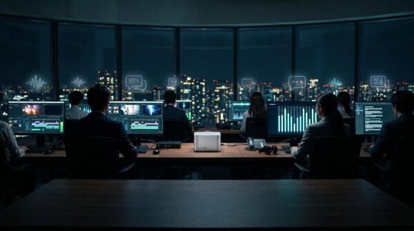 Redação de TV à noite com ilhas de edição exibindo timeline e painel de transcrição