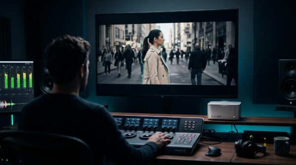 Suíte de finalização com monitor de cor exibindo máscara por objeto e painel de correção de cor